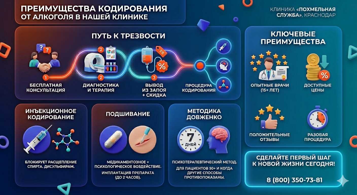 Инфографика о методах кодирования от алкоголя в Янино-1: инъекции, подшивание, метод Довженко. Преимущества клиники и этапы лечения.