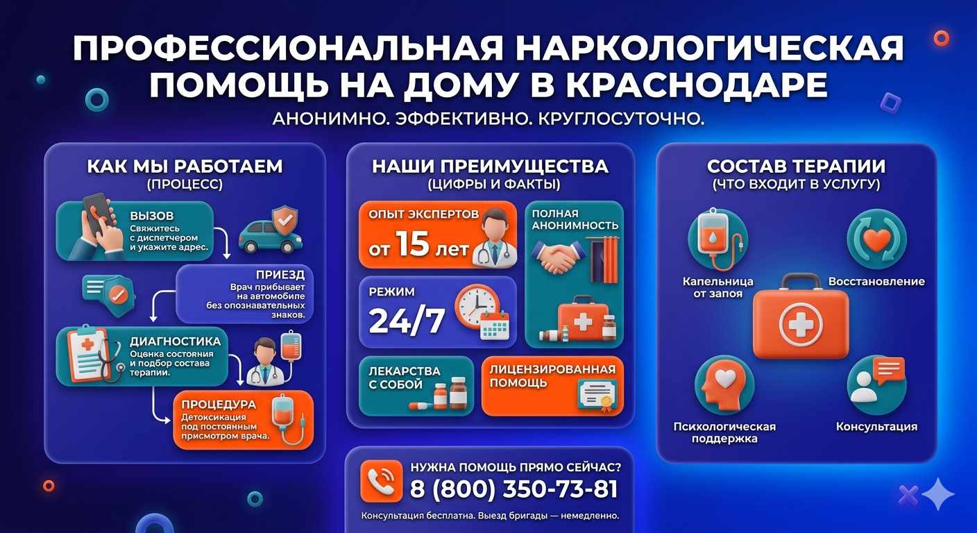 Инфографика о принципах лечения алкоголизма на дому в Янино-1: этапы вызова нарколога, преимущества анонимной детоксикации и состав медицинской помощи.